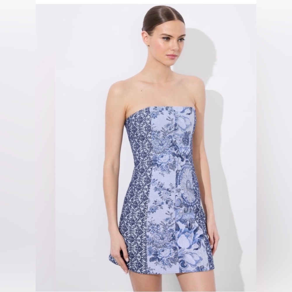 Alice + Olivia Strapless Blue Patterned Strapless Mini Dress